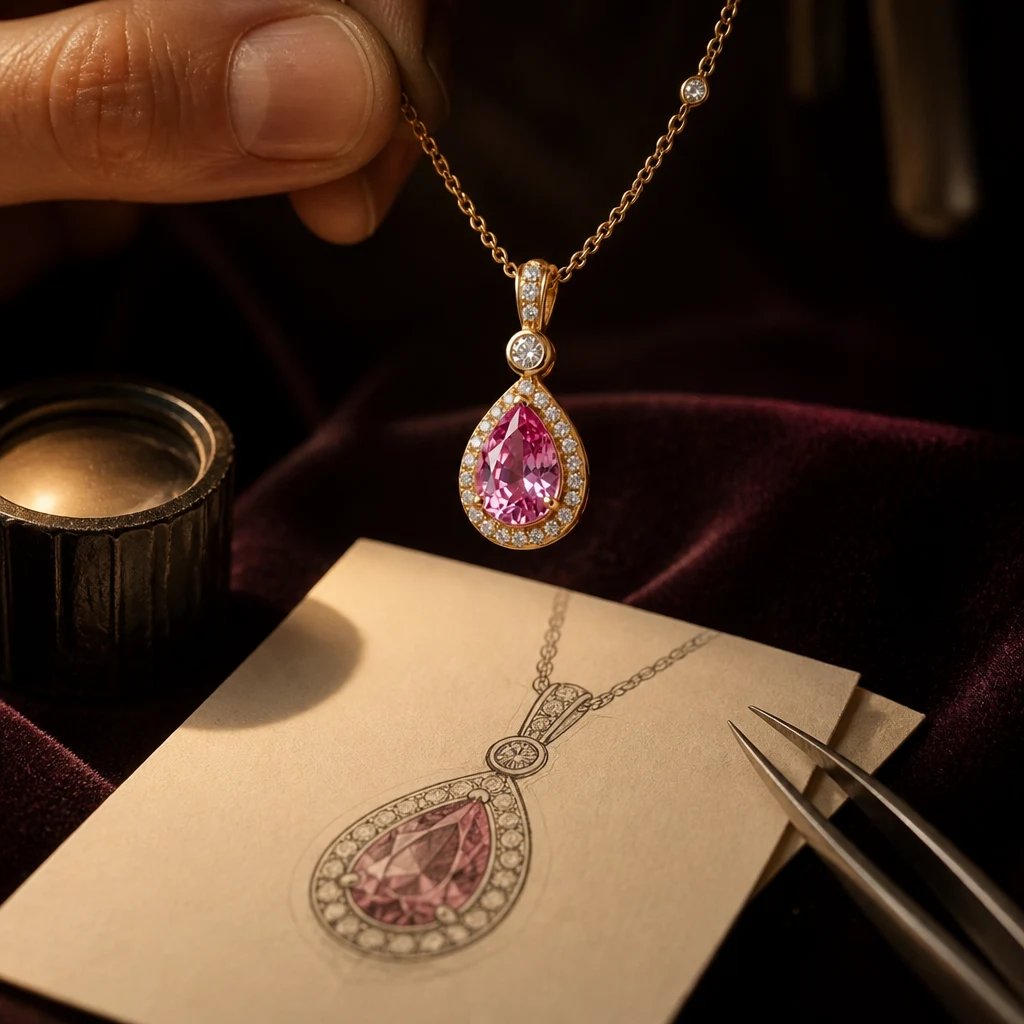 Jeweller's fingers holding a gold chain with a pink pear-shaped halo pendant above its pencil design drawing on plum velvet.
