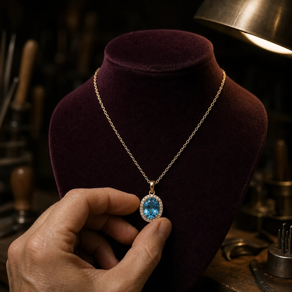 Jeweller's hand centring an oval blue topaz halo pendant on a gold chain, displayed on a plum velvet bust in the workshop.