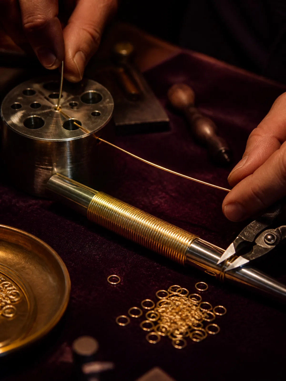 Gold wire drawn through a steel drawplate and coiled on a mandrel into small jump rings.