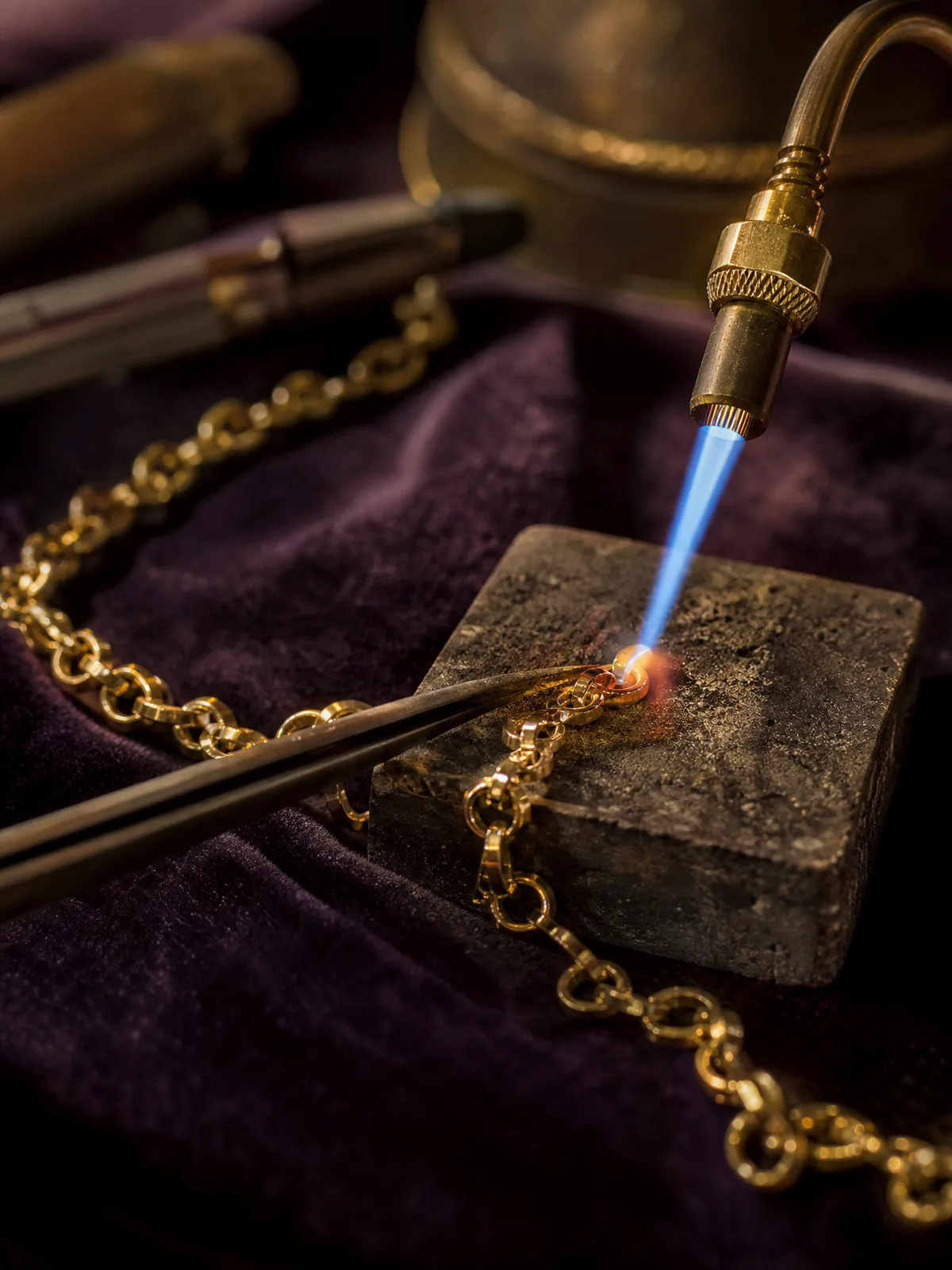 A fine torch flame soldering a single link of a gold chain on a soldering block.