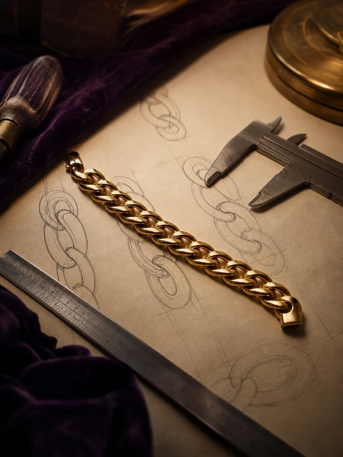 Sample length of gold curb chain on a pencil drawing of chain link patterns, with a caliper.