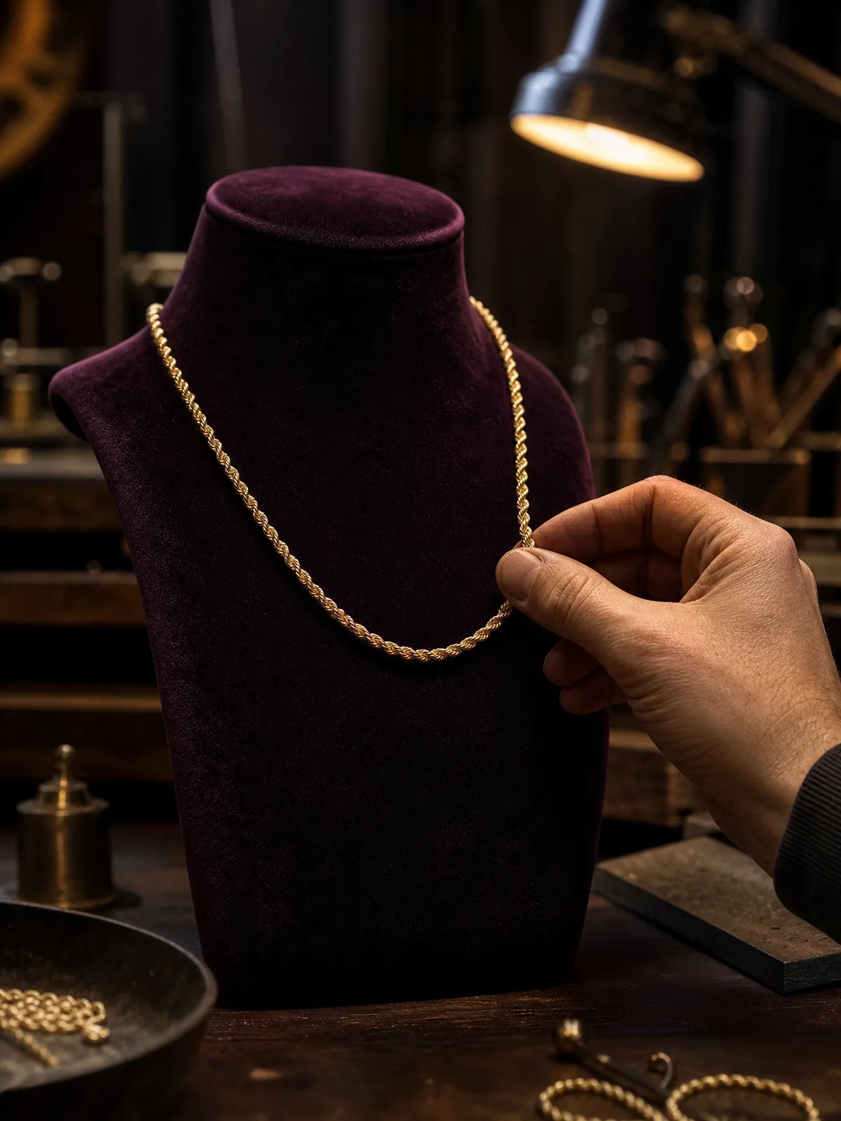 Gold rope chain draped on a plum velvet bust, a goldsmith's hand adjusting its fall.