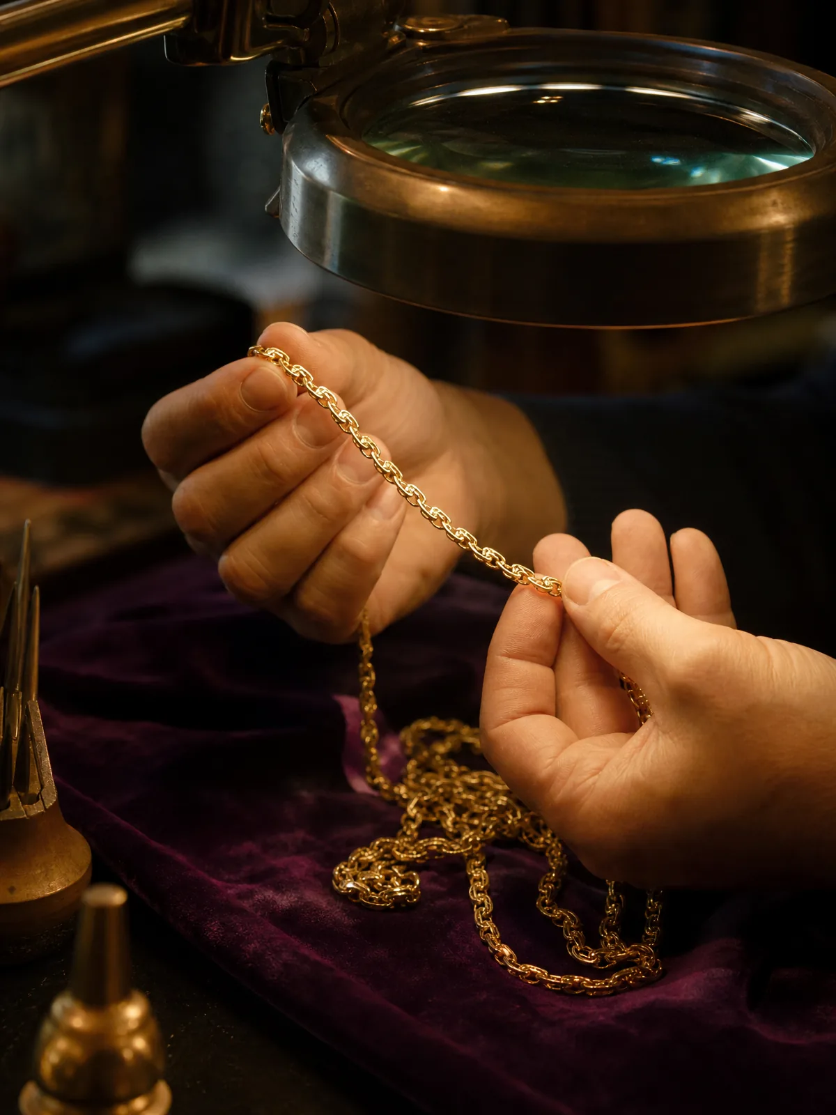 Hands running a long gold chain through the fingers under a magnifying lamp.