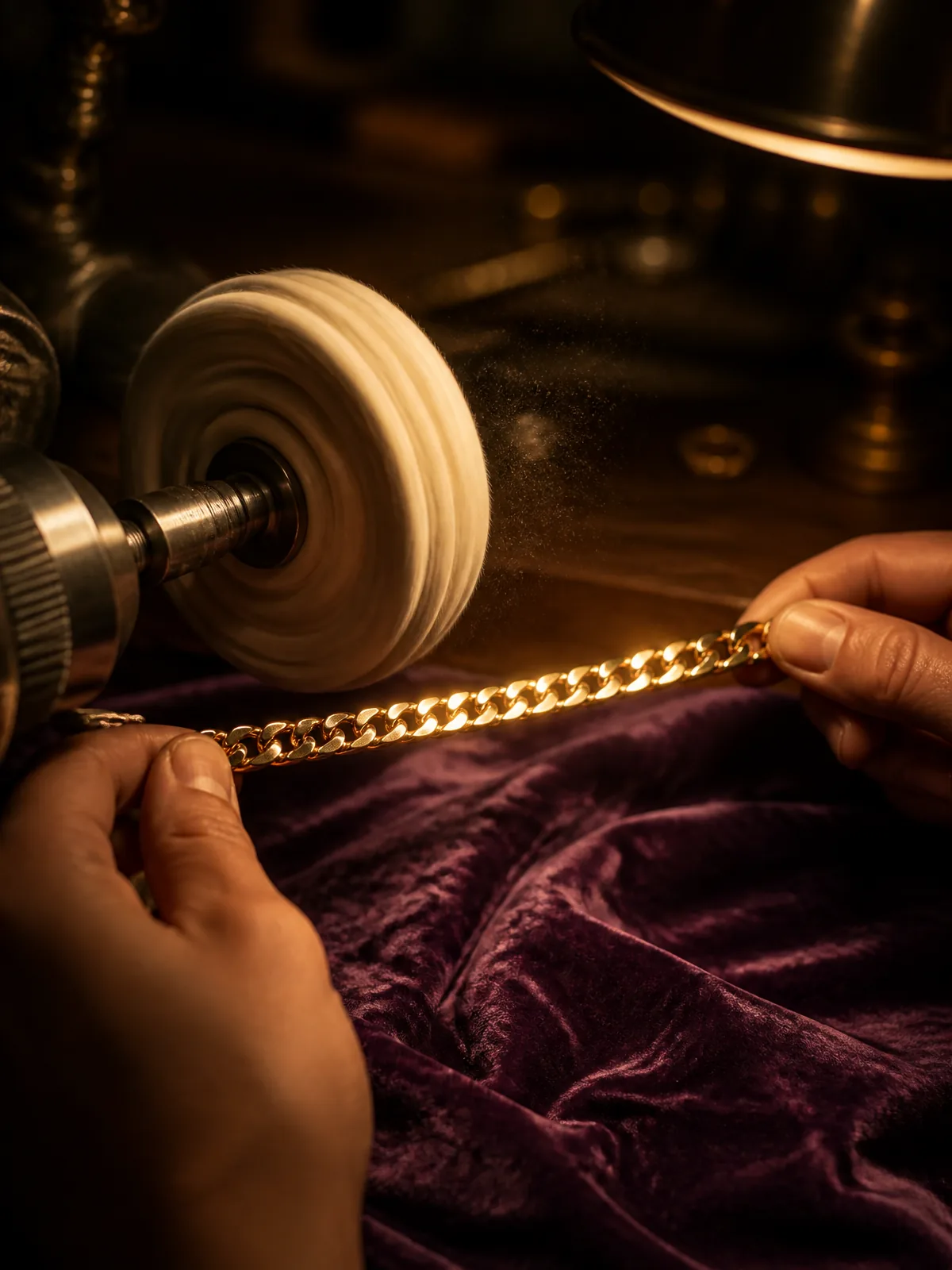 A gold chain being polished on a cloth wheel