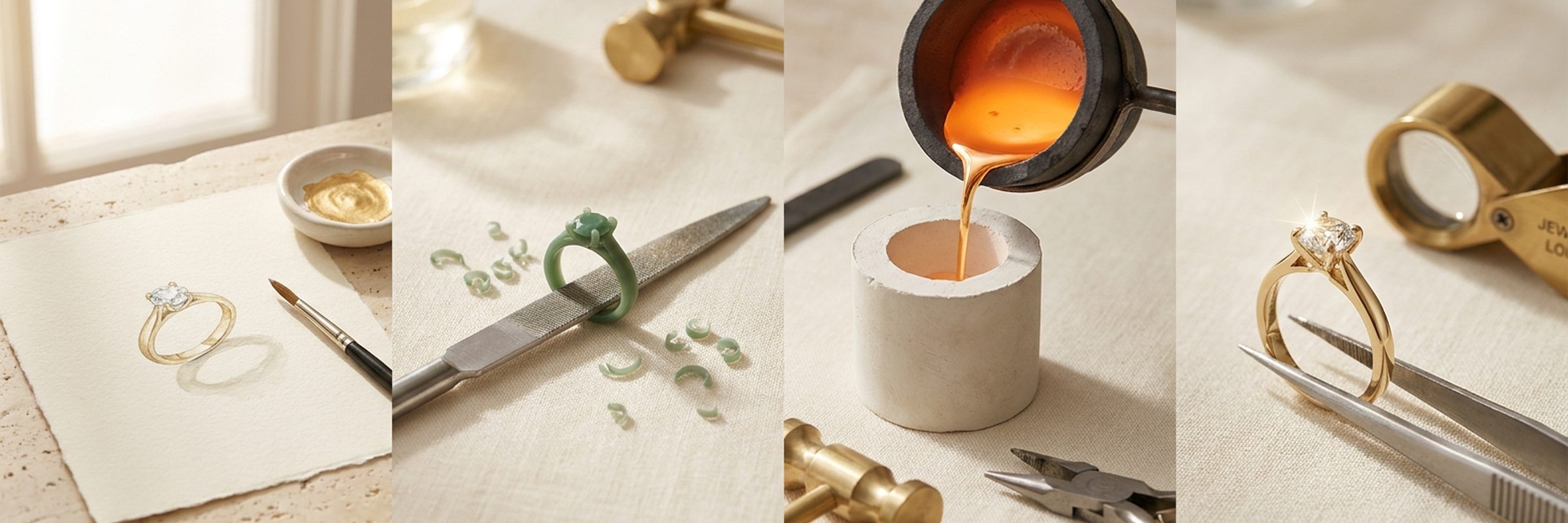 A gold diamond ring in four stages on the atelier bench: gouache sketch, carved wax model, molten gold casting and the finished ring
