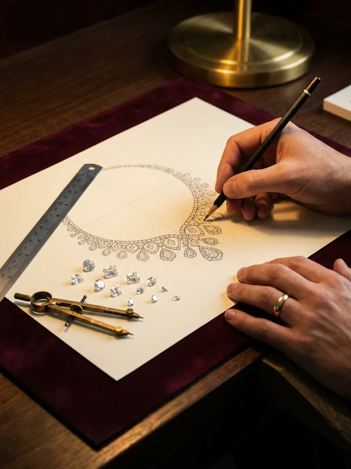 A hand drawing a diamond necklace at actual size on paper, loose stones beside it