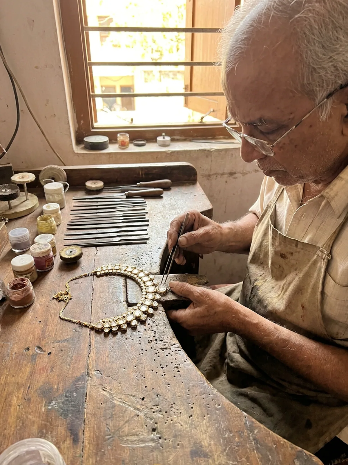 Jeweller adjusting kundan-set polki stones on a gold heritage necklace with tweezers on a wooden bench, polishing tools neatly placed beside.