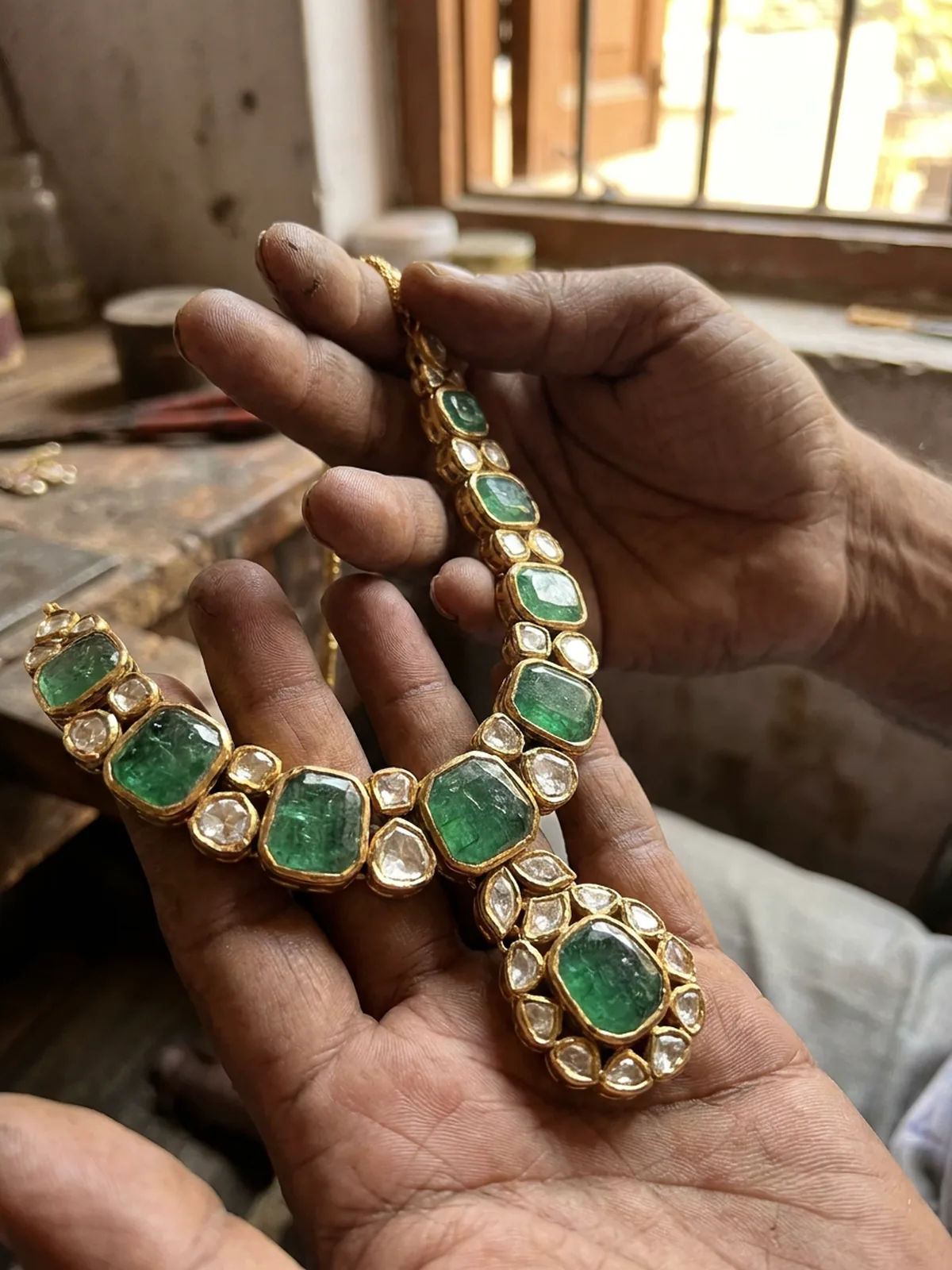 Close-up of a gold and emerald heritage necklace held between fingers, showing kundan polki stones set in gold with sparkling details.
