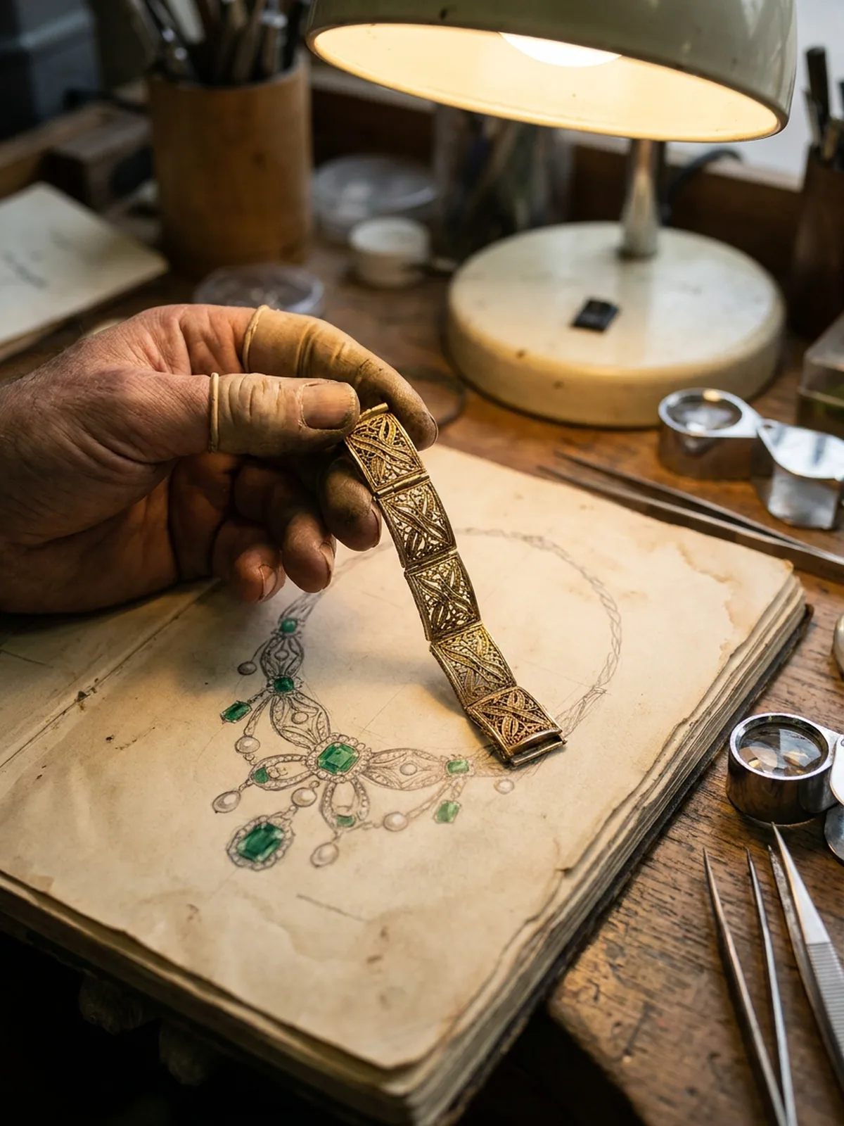 Hand holding a flexible gold filigree bracelet segment over a heritage necklace sketch with green emerald details.