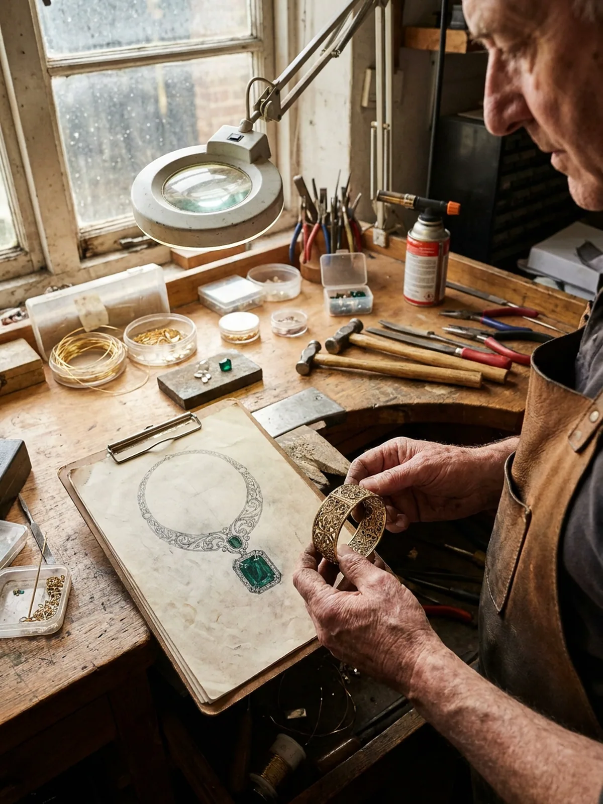 Jeweller holding a gold filigree bracelet beside a heritage necklace sketch with emerald centerpiece, tools and components arranged on a wooden bench.
