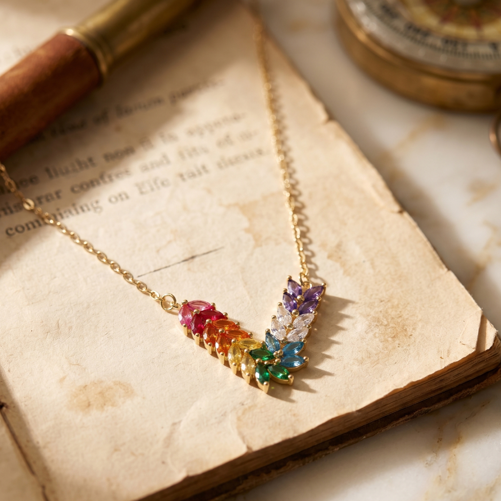 Jeweler placing a square emerald into a gold necklace setting with tweezers, with other stones and components arranged on a workbench.