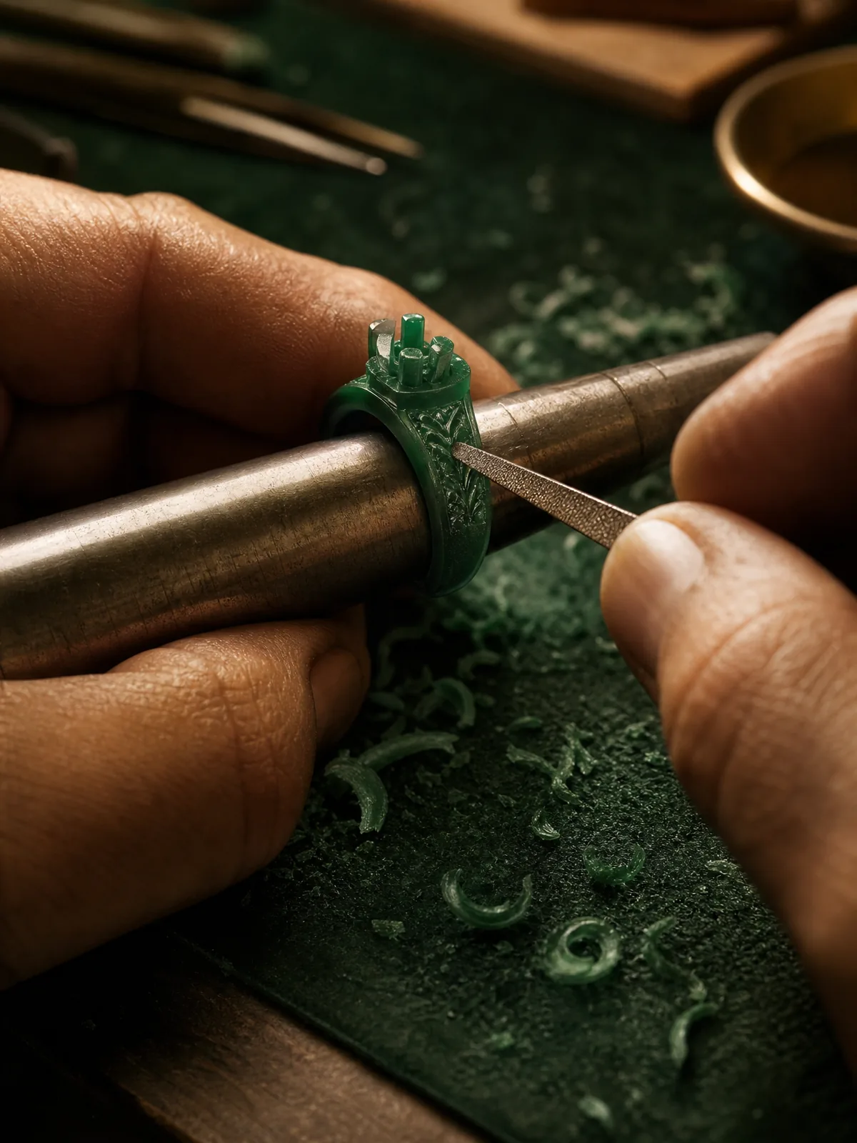 A green wax ring model being carved on a mandrel