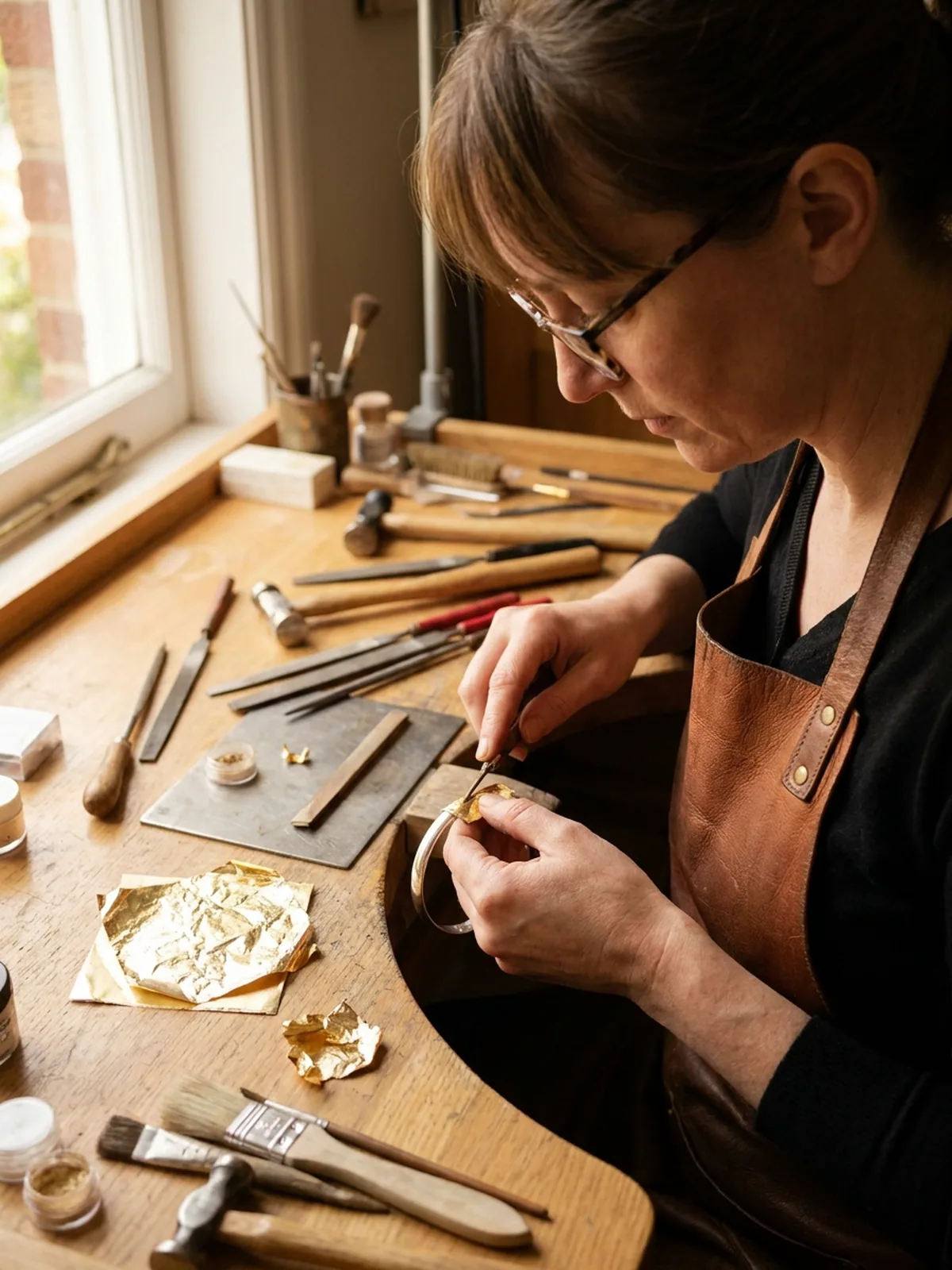 Jeweller burnishing gold leaf onto a silver bangle on a workbench.