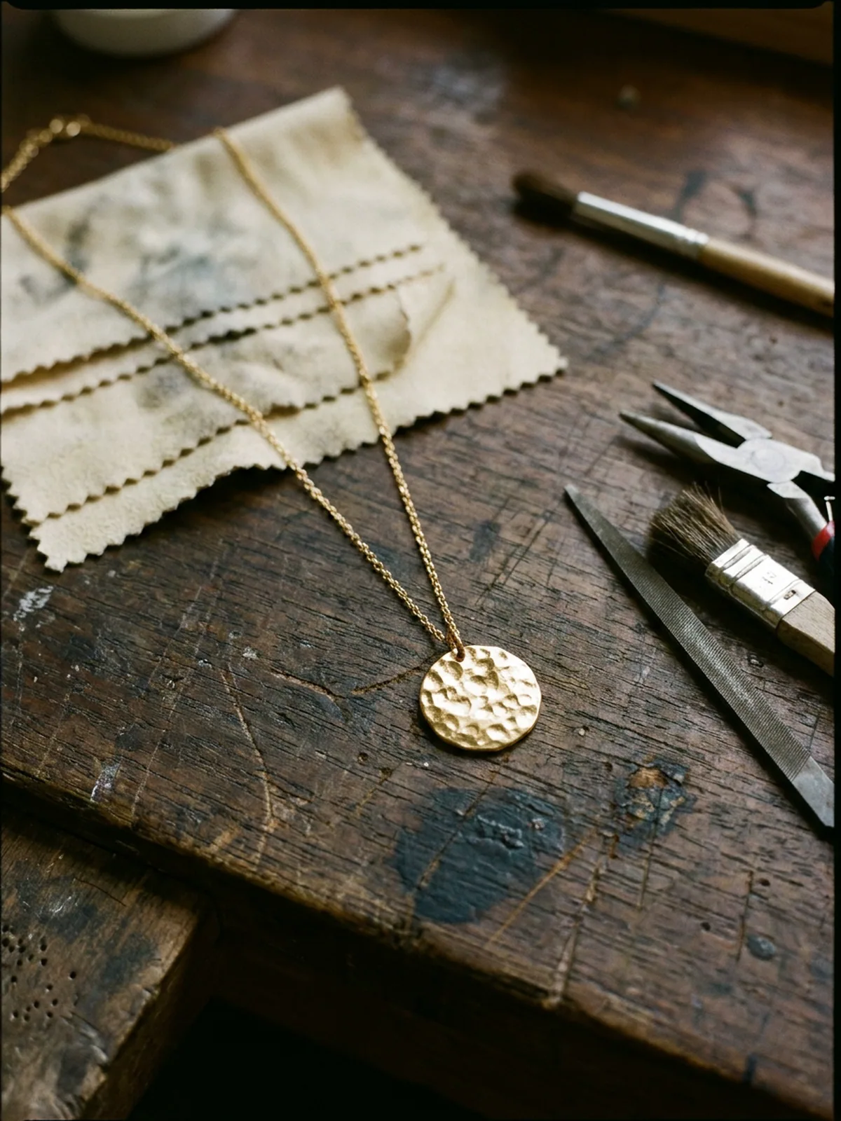 Finished gold vermeil necklace laid on a dark wooden workbench.