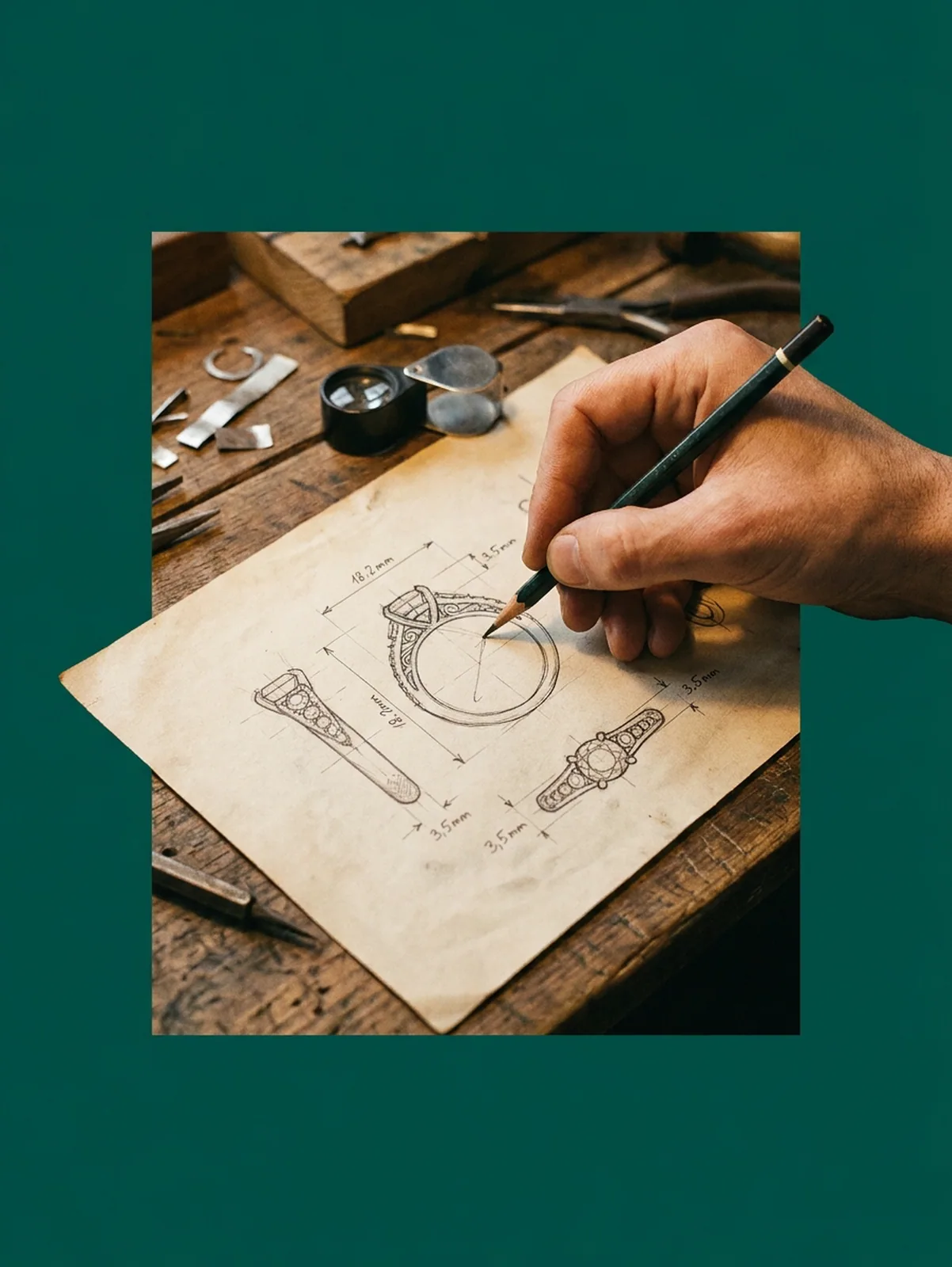 Hand sketching a ring design in pencil on aged paper.