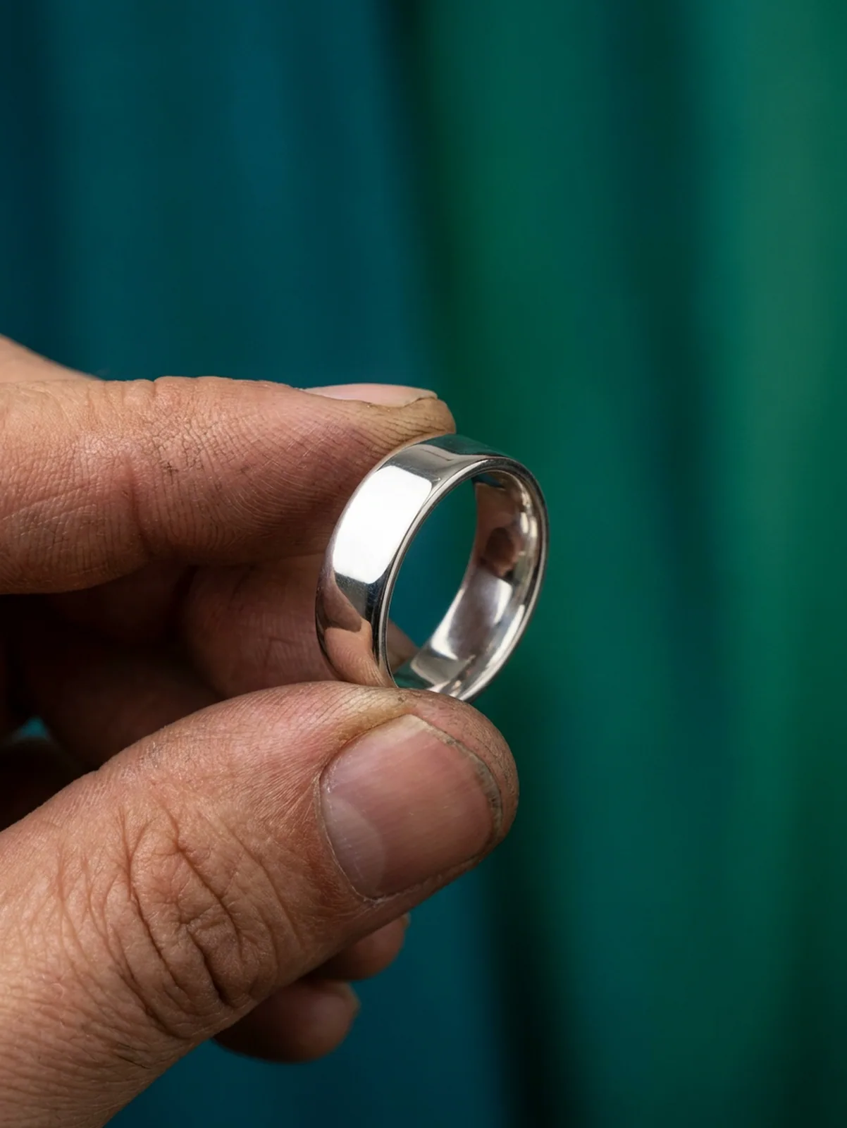 Polished silver ring blank held between a jeweller's fingers before plating.