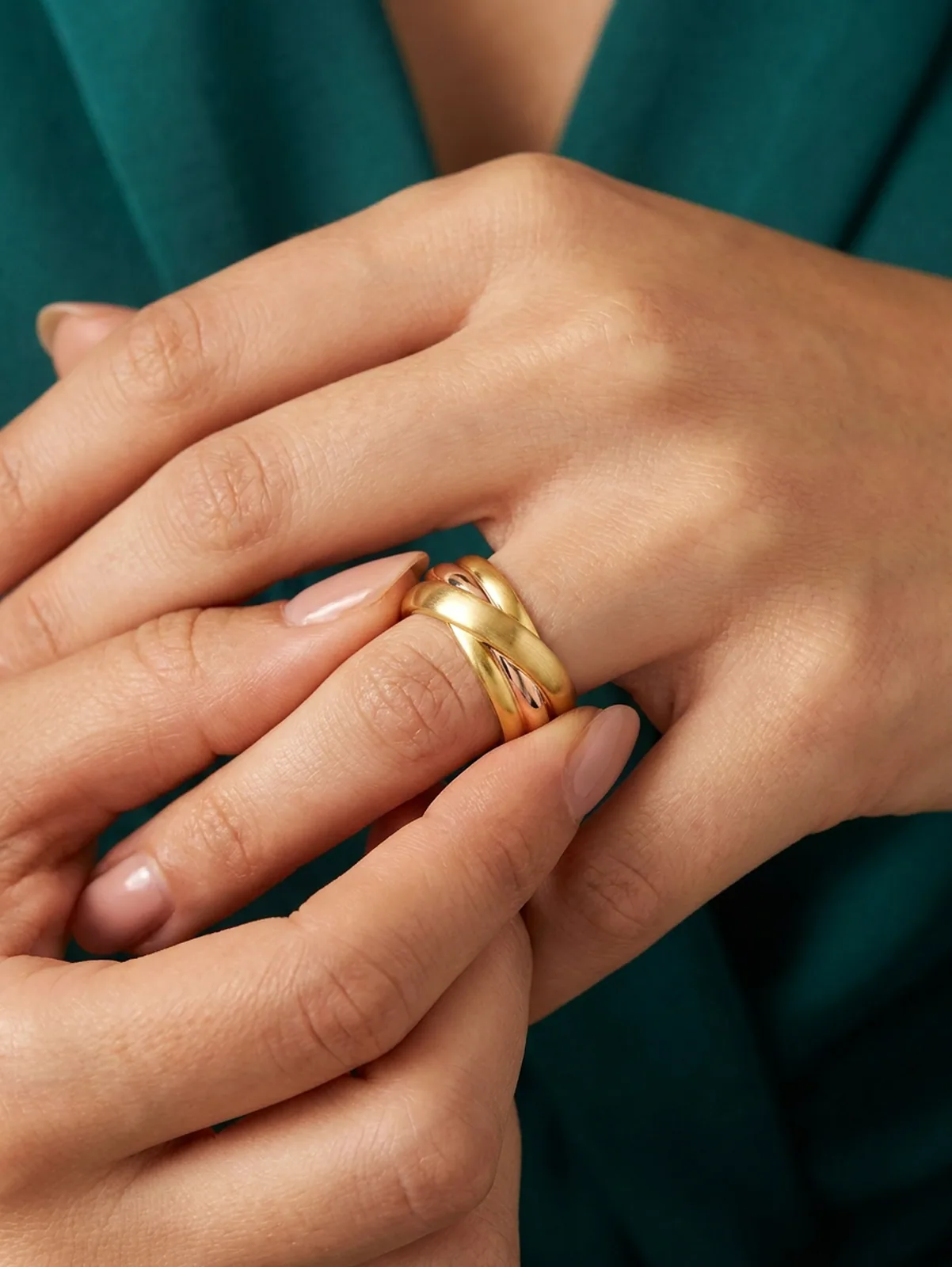 Finished two-tone gold vermeil ring being tried on.