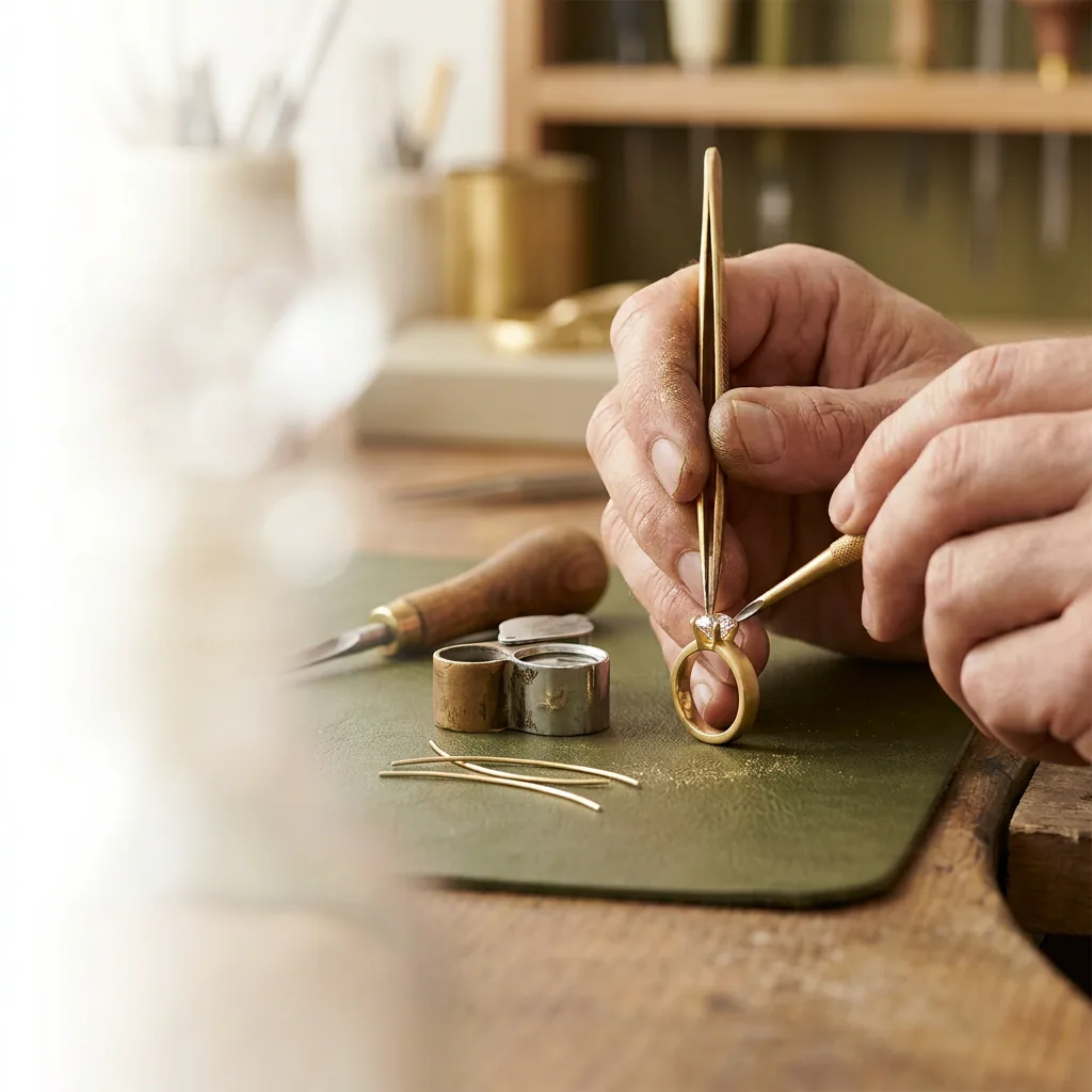Goldsmith's hands setting a diamond into a gold ring on an olive bench mat