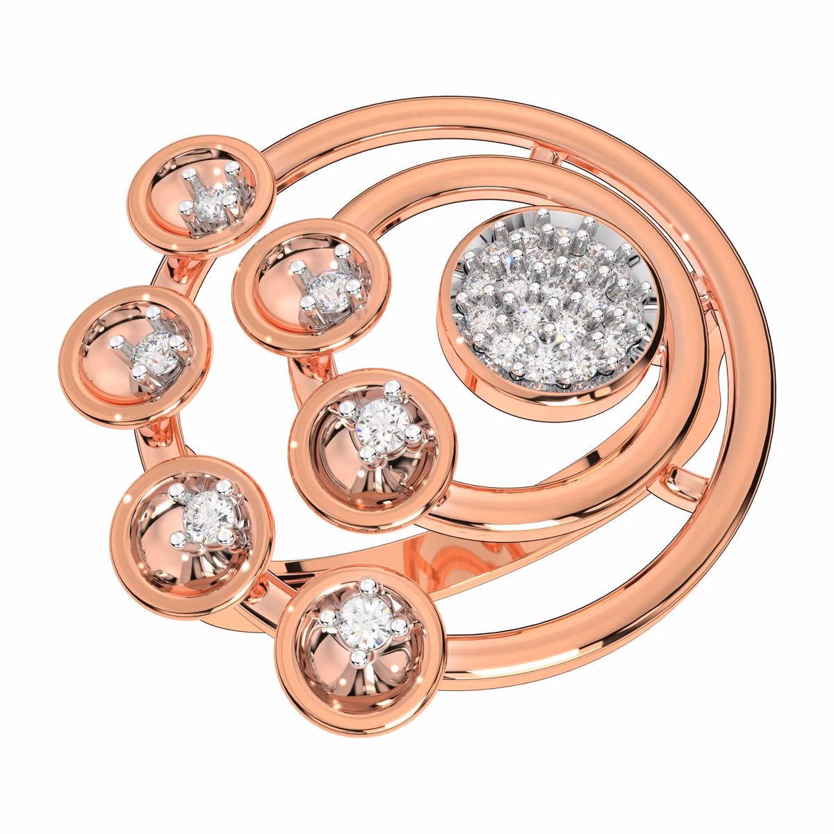 Rose gold ring of open circles, each set with a single diamond, curling around a pavé diamond disc.