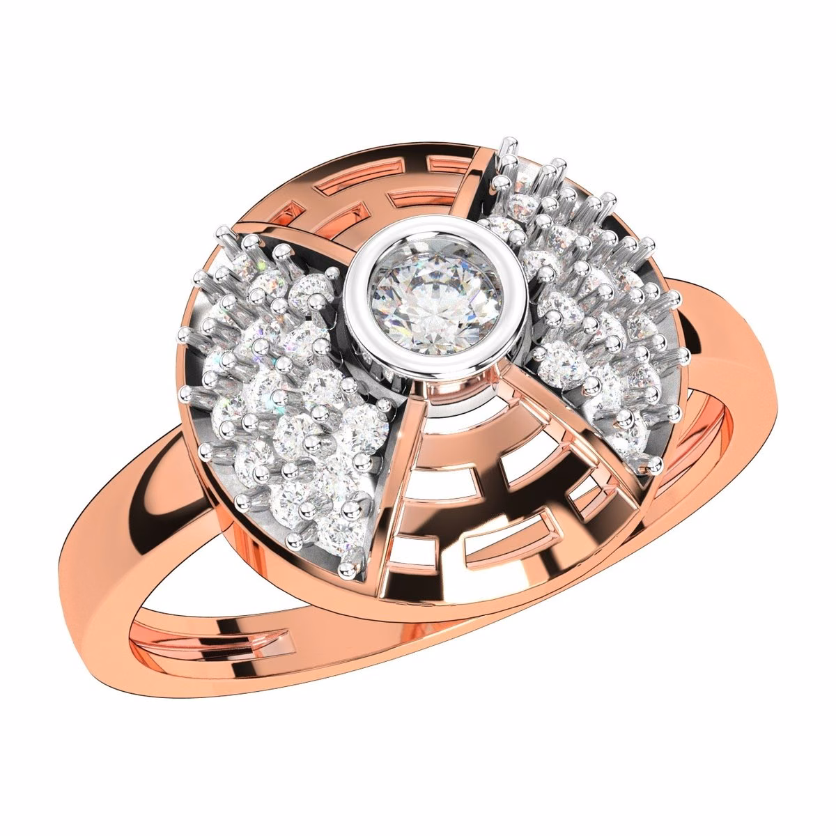 Rose gold dome ring with a bezel-set round diamond, two pavé diamond segments and cut-out gold panels.