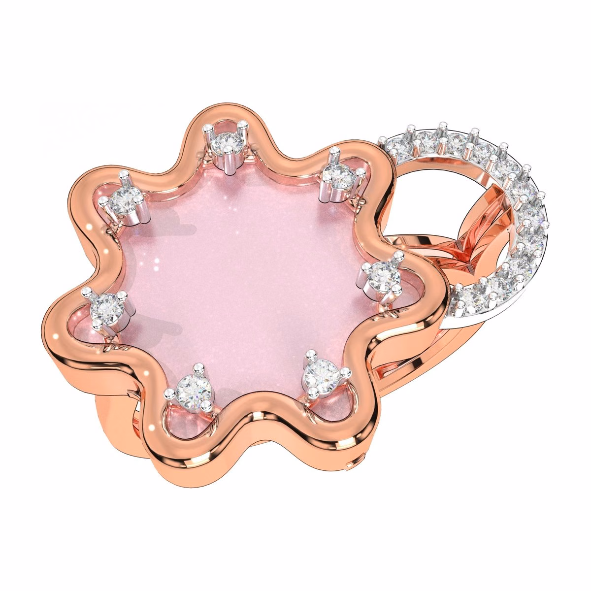 Rose gold ring with a scalloped pink stone framed by diamond-tipped points and a diamond-set loop.