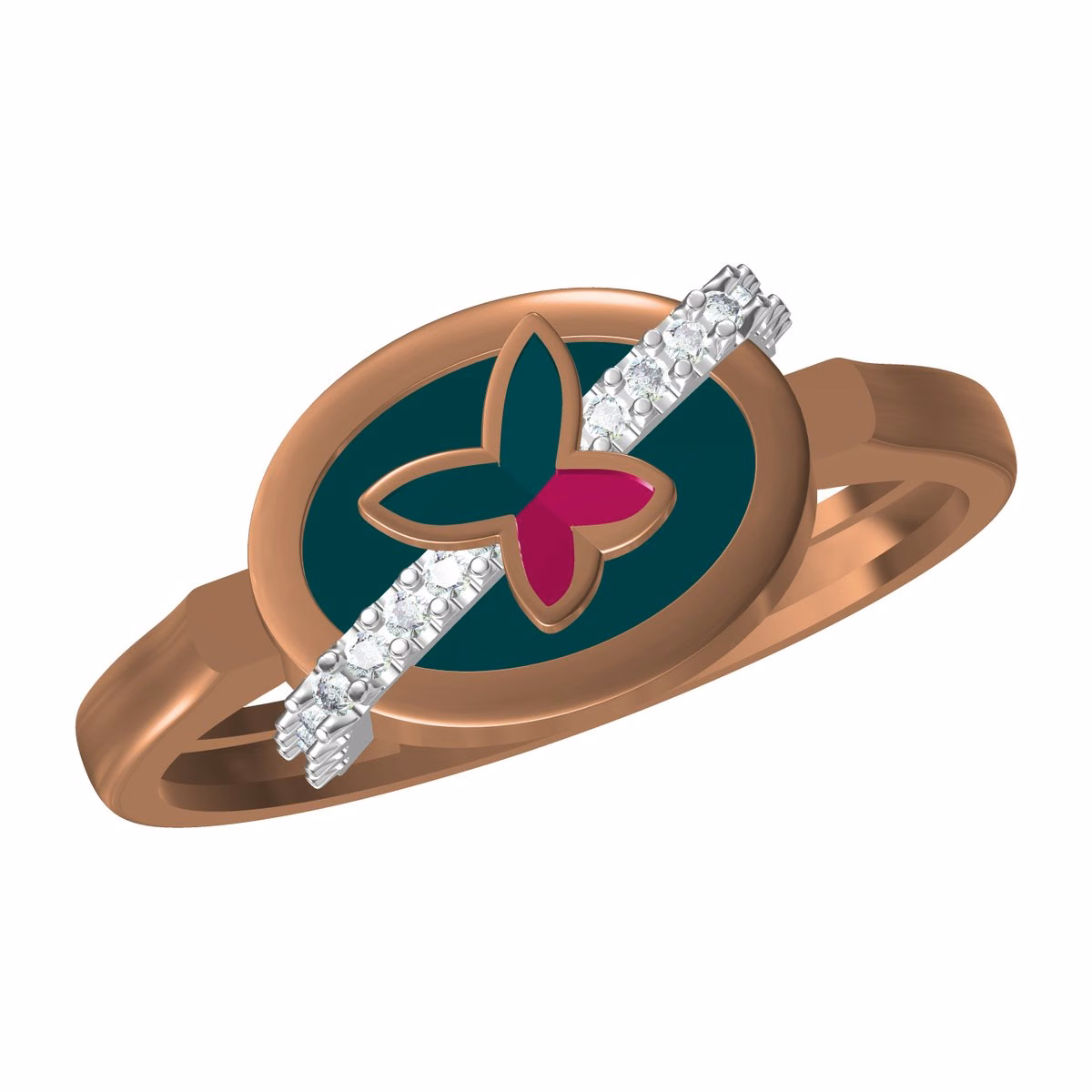 Rose gold signet ring with a green enamel face, a pink enamel butterfly and a diagonal line of diamonds.