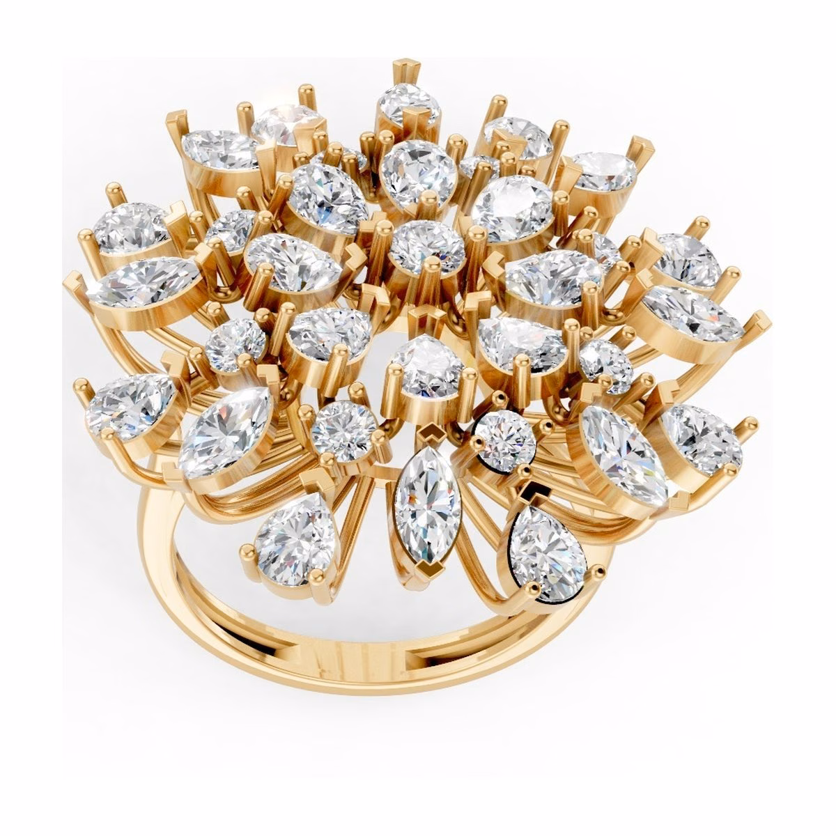 Yellow gold cluster ring of marquise, pear and round diamonds radiating like a burst.