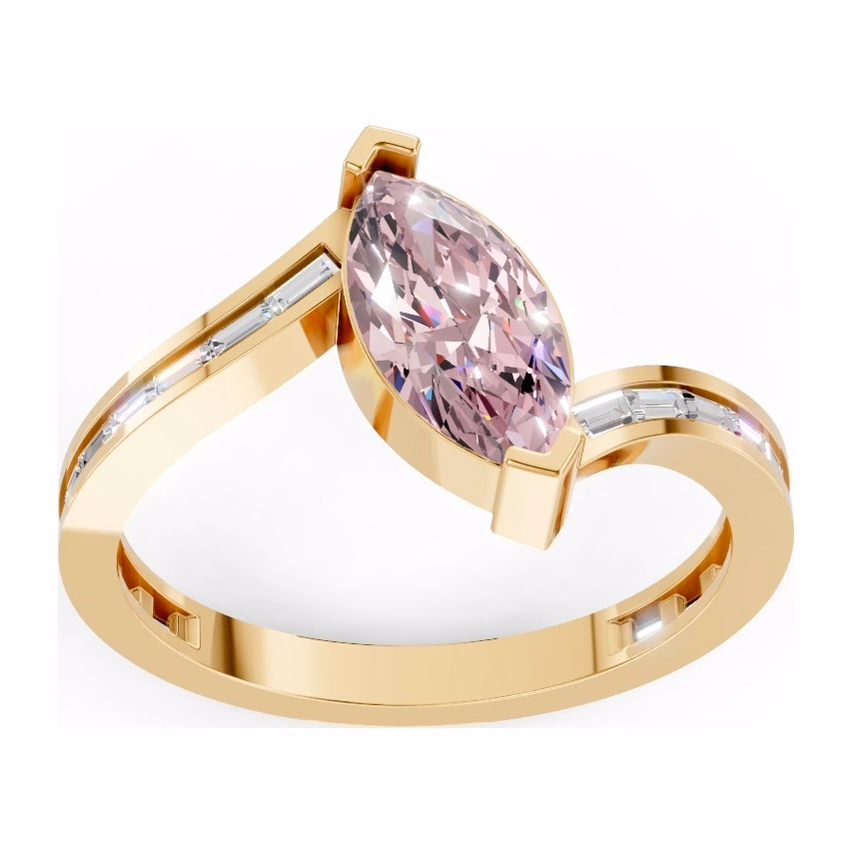 Yellow gold bypass ring with a pink marquise stone and baguette diamonds set into the shank.