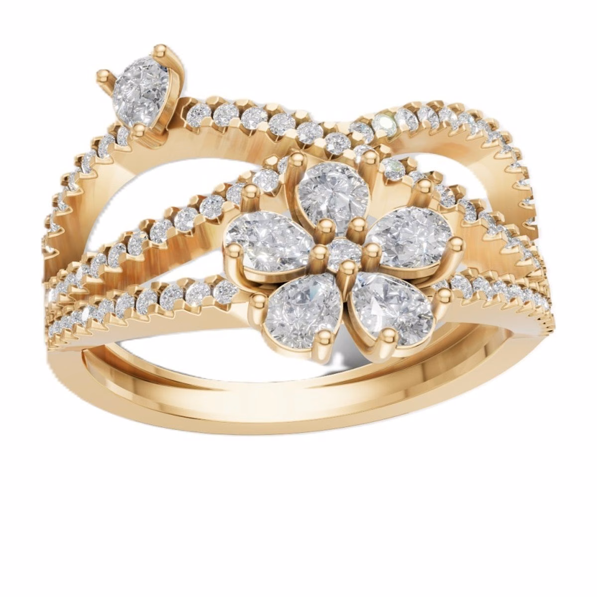 Yellow gold crossover ring with a flower of pear-cut diamonds and pavé diamond bands.