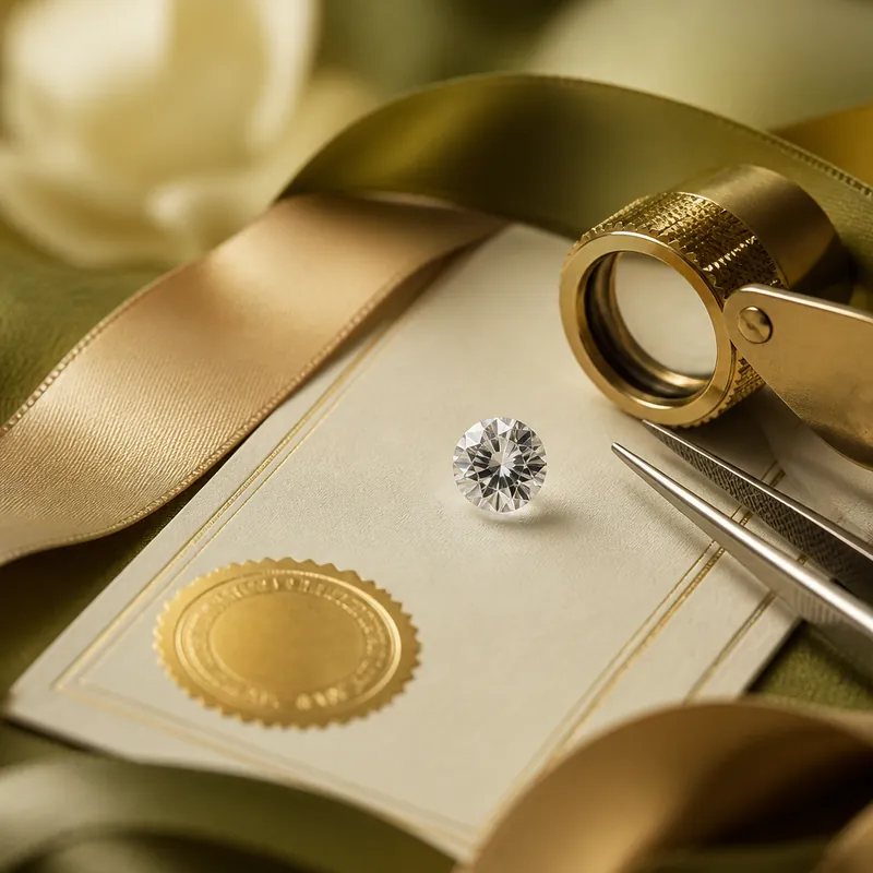 A loose diamond beside a loupe and a gold certification seal