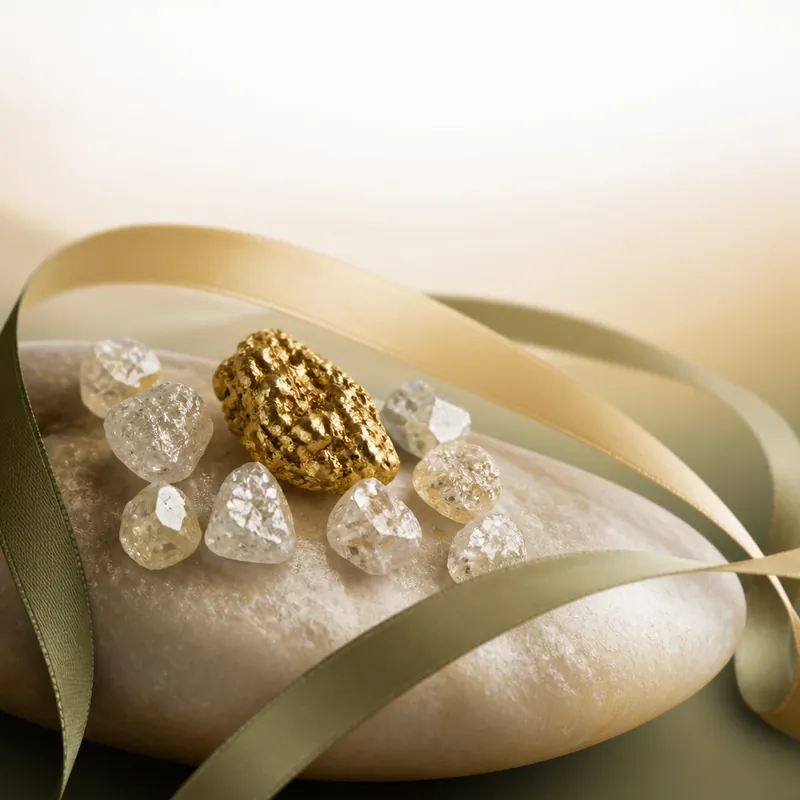 A nugget of fine gold resting beside rough diamonds